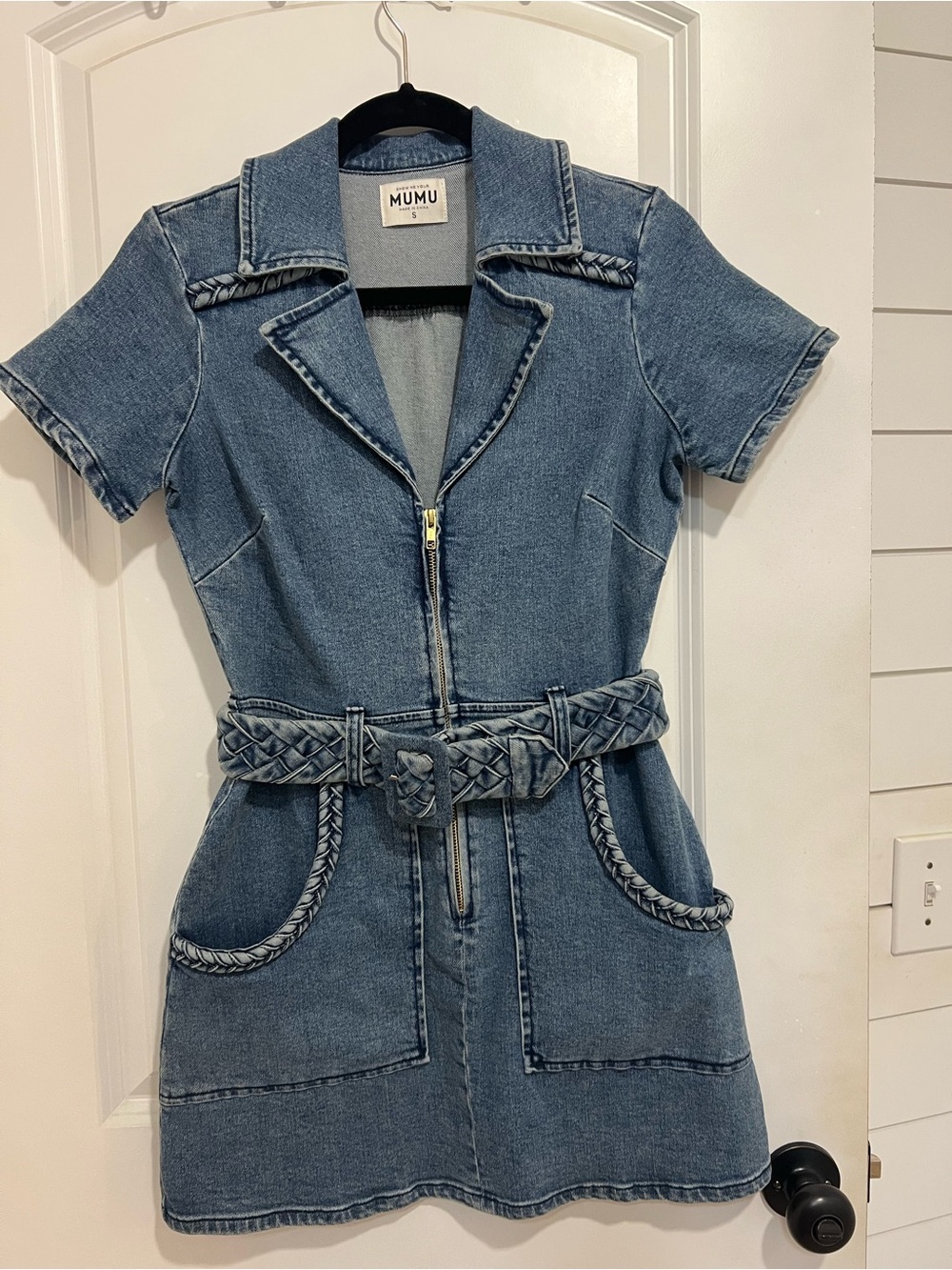 Mumu Blue Denim Belted Short Sleeve Dress